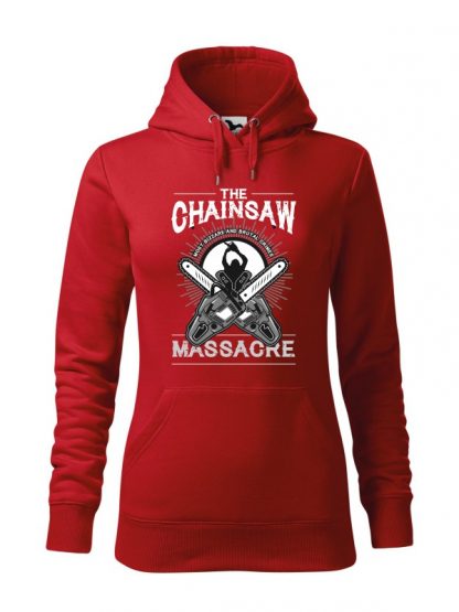 Czerwona bluza damska z czarno-białym nadrukiem The Chainsaw Massacre. Bluza typu „kangur” z kapturem.