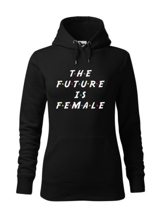 Czarna bluza damska z napisem The Future Is Female. Bluza typu „kangur” z kapturem.