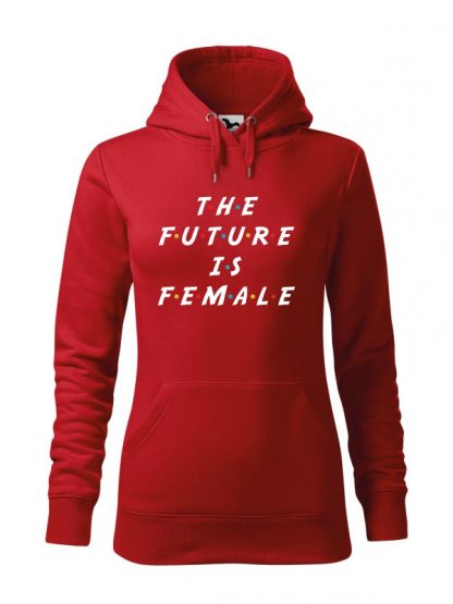 Czerwona bluza damska z napisem The Future Is Female. Bluza typu „kangur” z kapturem.