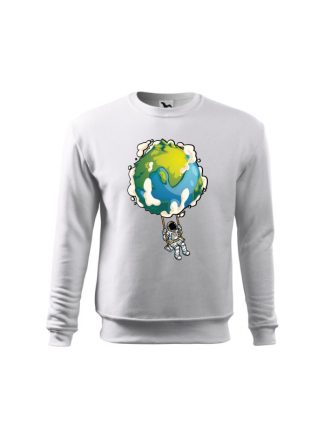 Biała bluza dziecięca z nadrukiem astronauty huśtającego się na huśtawce z kuli ziemskiej. Bluza wkładana, bez kaptura.