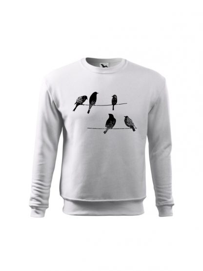 Biała bluza dziecięca z rysunkową grafiką ptaków siedzących na linii wysokiego napięcia. Bluza wkładana, bez kaptura. Nadruk czarny.