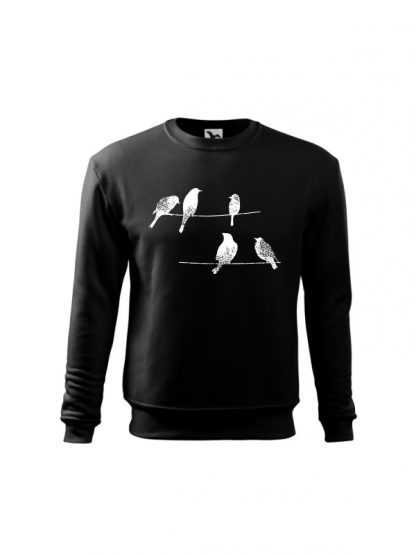 Czarna bluza dziecięca z rysunkową grafiką ptaków siedzących na linii wysokiego napięcia. Bluza wkładana, bez kaptura. Nadruk biały.