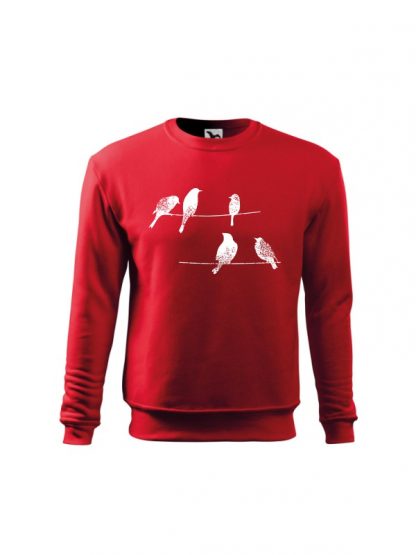 Czerwona bluza dziecięca z rysunkową grafiką ptaków siedzących na linii wysokiego napięcia. Bluza wkładana, bez kaptura. Nadruk biały.
