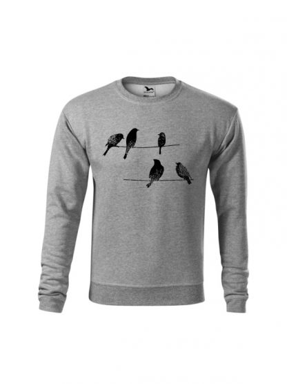 Szara bluza dziecięca z rysunkową grafiką ptaków siedzących na linii wysokiego napięcia. Bluza wkładana, bez kaptura. Nadruk czarny.