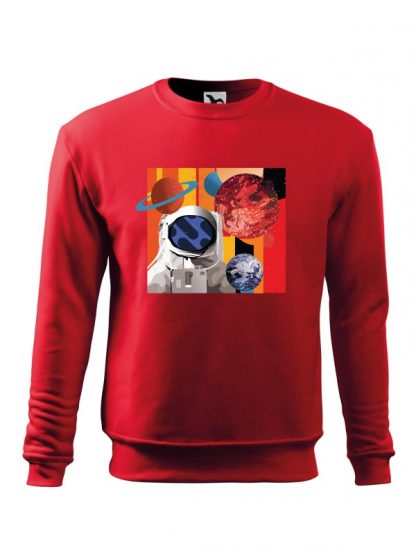 Czerwona bluza męska z kolorowym nadrukiem astronauty otoczonego planetami. Bluza wkładana, bez kaptura.
