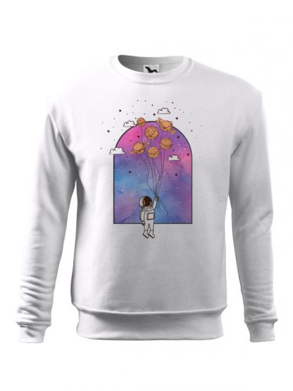 Biała bluza męska z kolorowym nadrukiem astronauty unoszącego się w powietrzu na balonach. Bluza wkładana, bez kaptura.