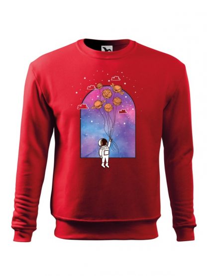 Czerwona bluza męska z kolorowym nadrukiem astronauty unoszącego się w powietrzu na balonach. Bluza wkładana, bez kaptura.