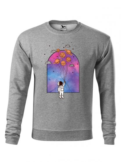 Szara bluza męska z kolorowym nadrukiem astronauty unoszącego się w powietrzu na balonach. Bluza wkładana, bez kaptura.