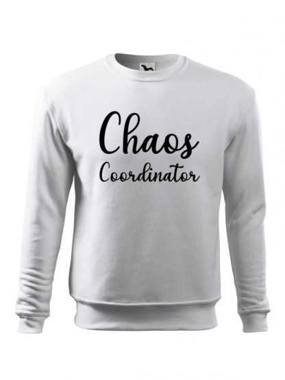 Biała bluza męska z czarnym napisem Chaos Coordinator. Bluza wkładana, bez kaptura.