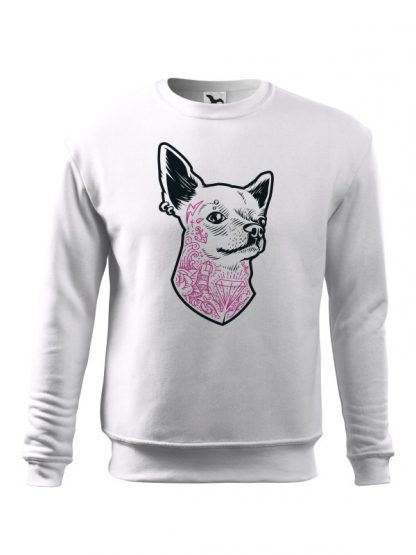 Biała bluza męska z nadrukiem psa rasy Chihuahua. Bluza wkładana, bez kaptura.
