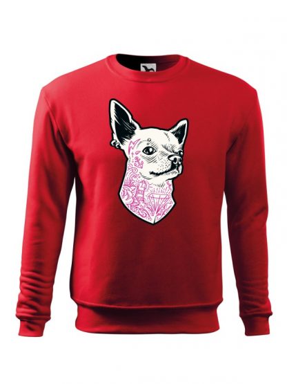 Czerwona bluza męska z nadrukiem psa rasy Chihuahua. Bluza wkładana, bez kaptura.