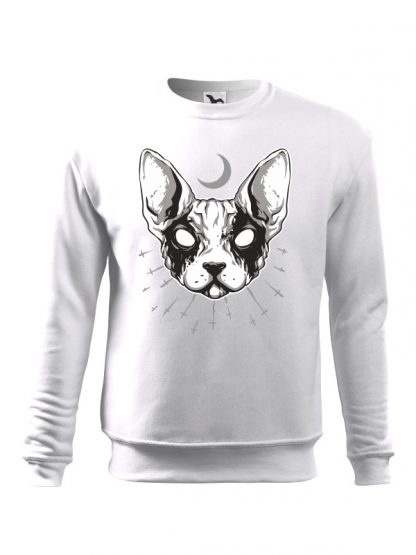 Biała bluza męska z czarno-białym nadrukiem kota rasy sfinks. Bluza wkładana, bez kaptura.