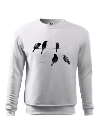 Biała bluza męska z rysunkową grafiką ptaków siedzących na linii wysokiego napięcia. Bluza wkładana, bez kaptura. Nadruk czarny.