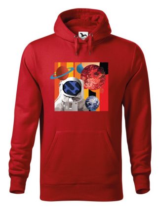 Czerwona bluza męska z kolorowym nadrukiem astronauty otoczonego planetami. Bluza typu „kangur” z kapturem.