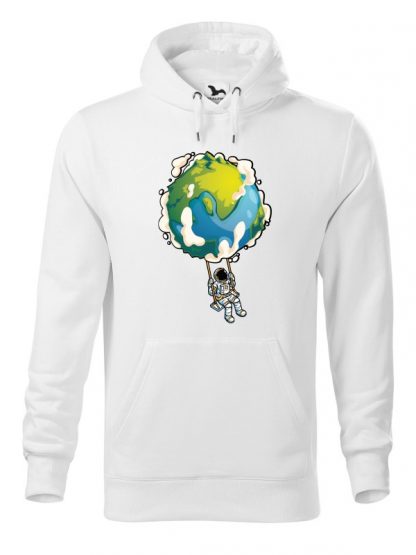 Biała bluza męska z nadrukiem astronauty huśtającego się na huśtawce z kuli ziemskiej. Bluza typu „kangur” z kapturem.