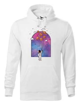 Biała bluza męska z kolorowym nadrukiem astronauty unoszącego się w powietrzu na balonach. Bluza typu „kangur” z kapturem.