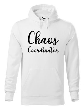 Biała bluza męska z białym napisem Chaos Coordinator. Bluza typu kangur z kapturem.