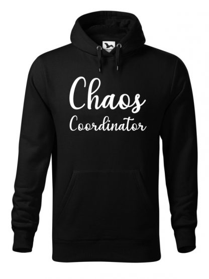 Czarna bluza męska z białym napisem Chaos Coordinator. Bluza typu kangur z kapturem.