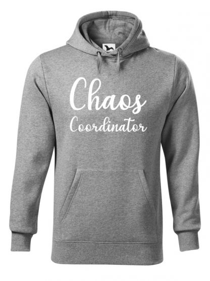 Szara bluza męska z białym napisem Chaos Coordinator. Bluza typu kangur z kapturem.
