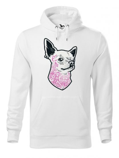 Biała bluza męska z nadrukiem psa rasy Chihuahua. Bluza typu kangur z kapturem.