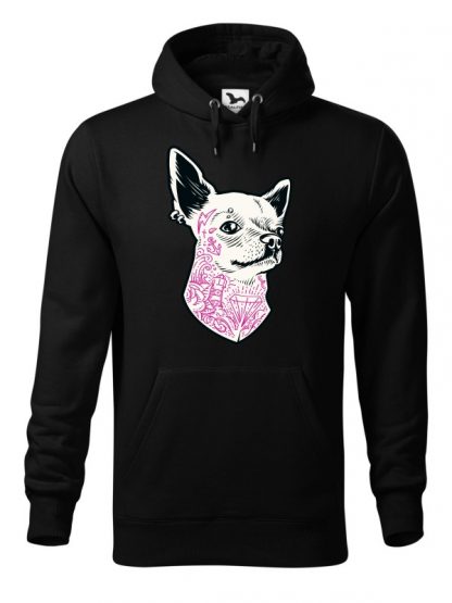 Czarna bluza męska z nadrukiem psa rasy Chihuahua. Bluza typu kangur z kapturem.
