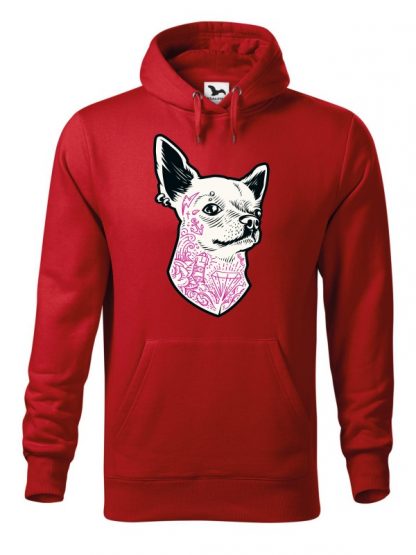 Czerwona bluza męska z nadrukiem psa rasy Chihuahua. Bluza typu kangur z kapturem.
