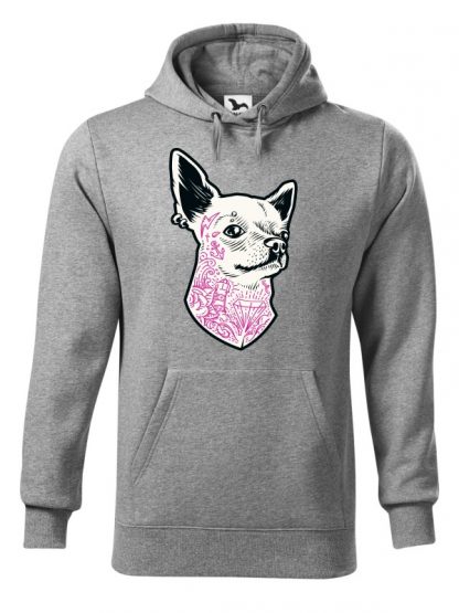 Szara bluza męska z nadrukiem psa rasy Chihuahua. Bluza typu kangur z kapturem.