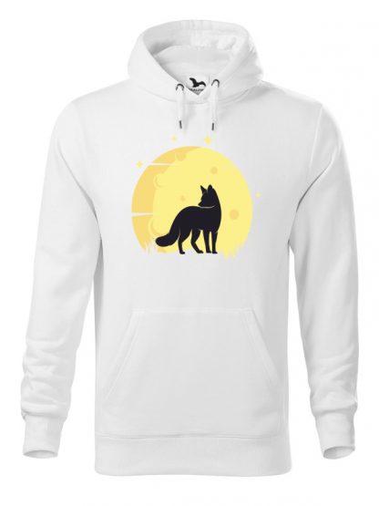 Biała bluza męska z nadrukiem lisa na tle księżyca. Bluza typu kangur z kapturem.