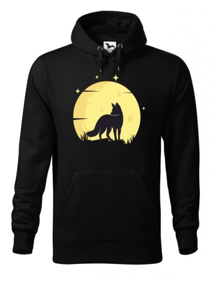 Czarna bluza męska z nadrukiem lisa na tle księżyca. Bluza typu kangur z kapturem.