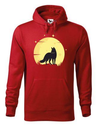 Czerwona bluza męska z nadrukiem lisa na tle księżyca. Bluza typu kangur z kapturem.