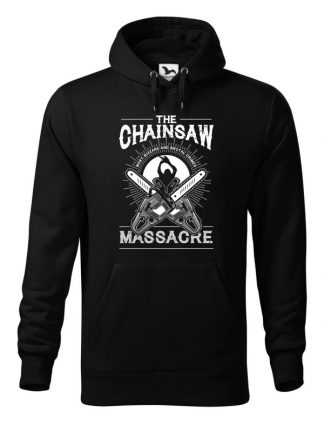 Czarna bluza męska z czarno-białym nadrukiem The Chainsaw Massacre. Bluza typu „kangur” z kapturem.