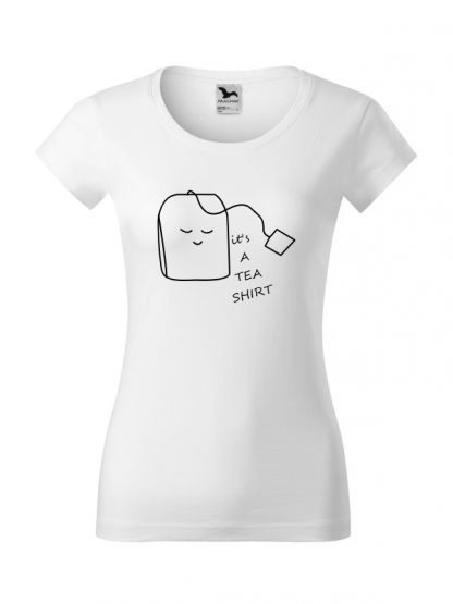 Damska koszulka z krótkim rękawem i nadrukiem It's A Tea Shirt. Krój slim-fit z dekoltem, kolor biały. Nadruk czarny.