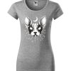 Damska koszulka z krótkim rękawem i czarno-białym nadrukiem kota rasy sfinks. Koszulka w kroju slim-fit z dekoltem, kolor szary.