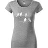 Damska koszulka z krótkim rękawem i rysunkową grafiką ptaków siedzących na linii wysokiego napięcia. Krój slim-fit z dekoltem, kolor szary. Nadruk biały.