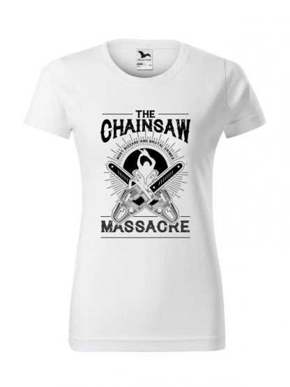Damska koszulka z krótkim rękawem i czarno-białym nadrukiem The Chainsaw Massacre. Krój standardowy, kolor biały.