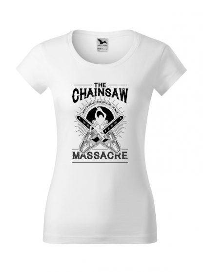 Damska koszulka z krótkim rękawem i czarno-białym nadrukiem The Chainsaw Massacre. Krój slim-fit z dekoltem, kolor biały.