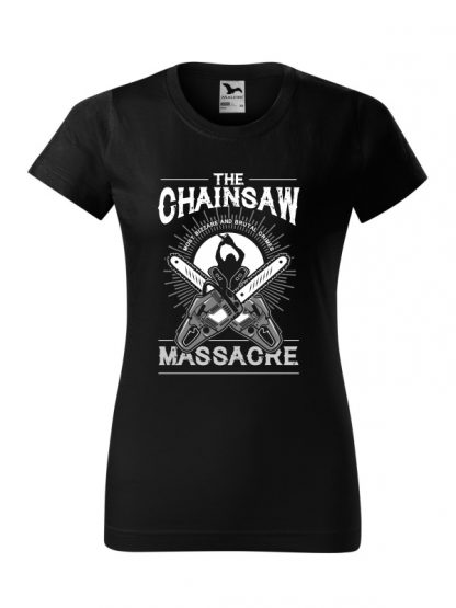 Damska koszulka z krótkim rękawem i czarno-białym nadrukiem The Chainsaw Massacre. Krój standardowy, kolor czarny.