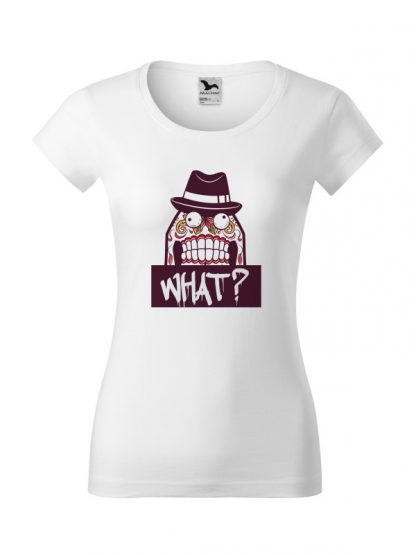 Damska koszulka z krótkim rękawem i nadrukiem What? Koszulka o kroju slim-fit z dekoltem, w kolorze białym.