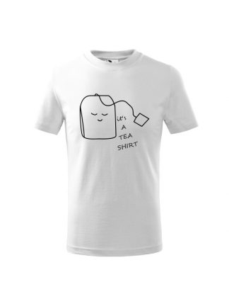 Dziecięca koszulka z krótkim rękawem i nadrukiem It's A Tea Shirt. Koszulka biała, nadruk czarny.