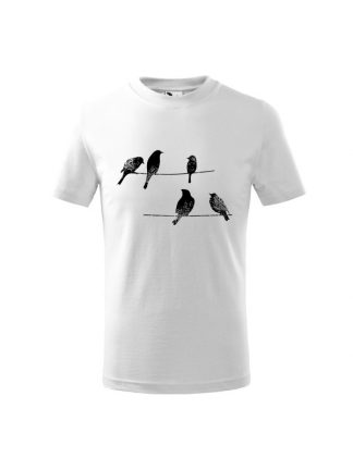 Dziecięca koszulka z krótkim rękawem i rysunkową grafiką ptaków siedzących na linii wysokiego napięcia. Koszulka biała, nadruk czarny.