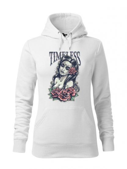 Biała bluza damska z kolorowym nadrukiem Timeless. Bluza typu „kangur” z kapturem.