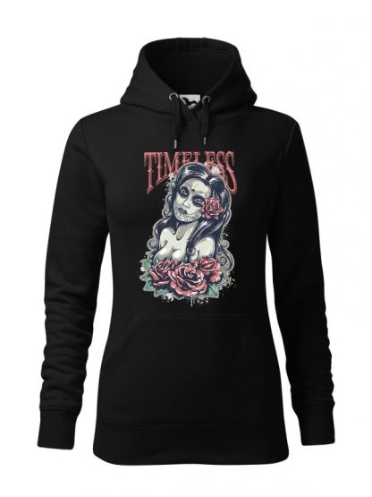Czarna bluza damska z kolorowym nadrukiem Timeless. Bluza typu „kangur” z kapturem.