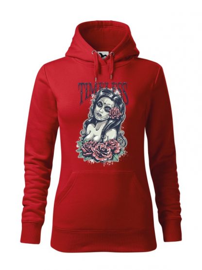 Czerwona bluza damska z kolorowym nadrukiem Timeless. Bluza typu „kangur” z kapturem.