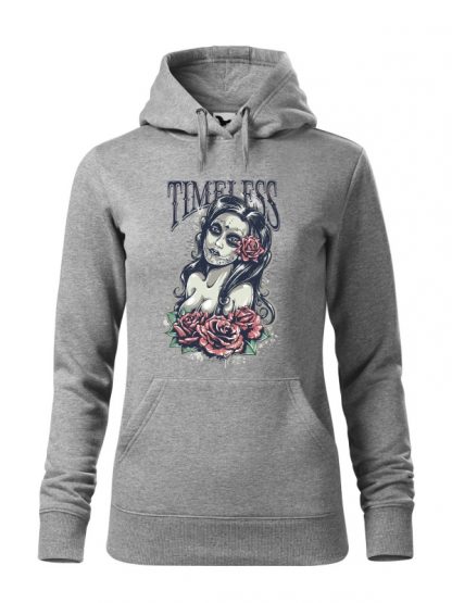 Szara bluza damska z kolorowym nadrukiem Timeless. Bluza typu „kangur” z kapturem.