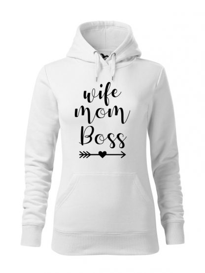 Biała bluza damska z czarnym napisem Wife, Mom, Boss. Bluza typu „kangur” z kapturem.