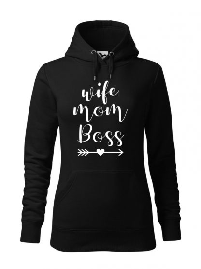 Czarna bluza damska z białym napisem Wife, Mom, Boss. Bluza typu „kangur” z kapturem.