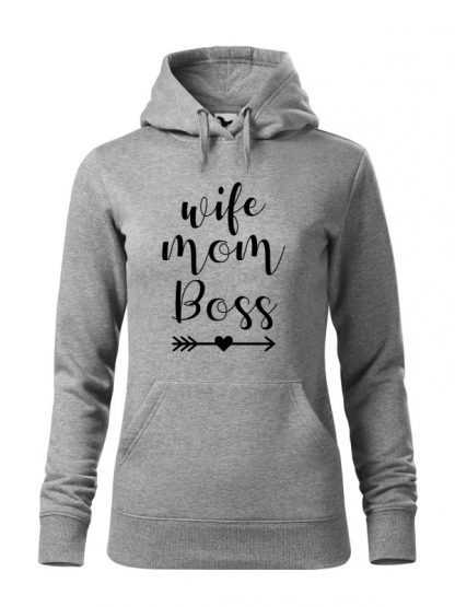 Szara bluza damska z czarnym napisem Wife, Mom, Boss. Bluza typu „kangur” z kapturem.