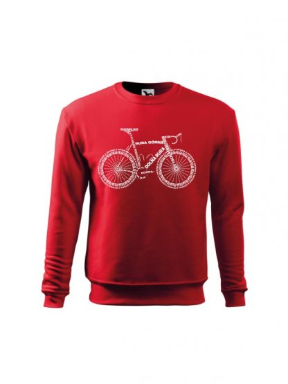 Czerwona bluza dziecięca z białym nadrukiem anatomii roweru. Bluza wkładana, bez kaptura.
