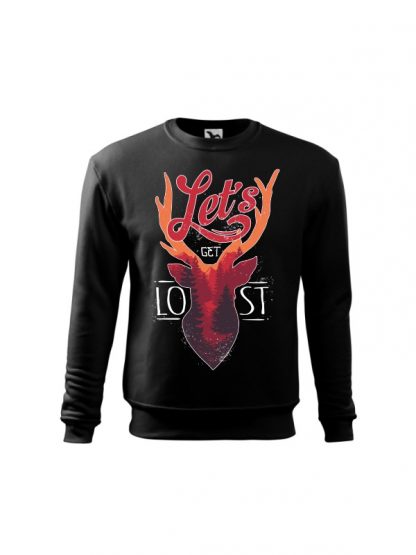 Czarna bluza dziecięca z kolorowym motywem jelenia oraz napisem Let's Get Lost. Bluza wkładana, bez kaptura.