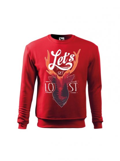 Czerwona bluza dziecięca z kolorowym motywem jelenia oraz napisem Let's Get Lost. Bluza wkładana, bez kaptura.